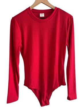 Real Essentials Red Ribbed Bodysuit Long Sleeve Minimalist Y2K Clean Girl Top M